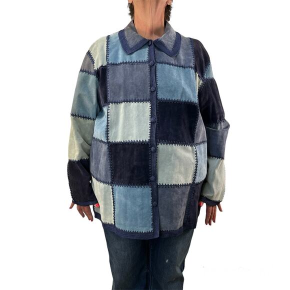 Vintage Blue Suede Patchwork Crochet Jacket by Denim & Co Geometric Pattern - Picture 1 of 10